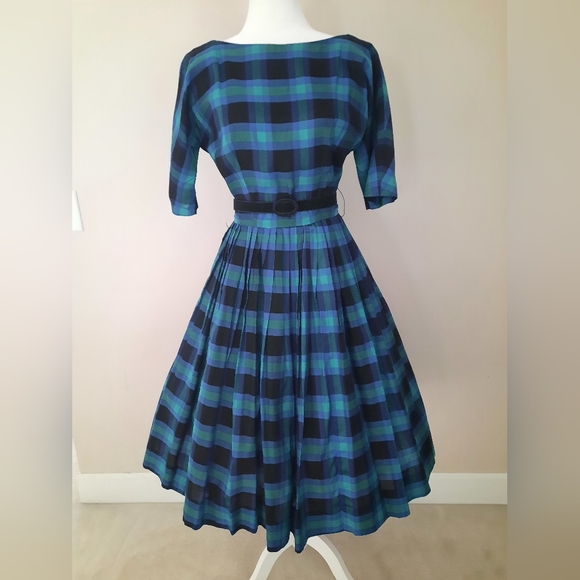 Vintage Dresses & Skirts - Vintage 1950s Handmade Fit N Flare Dress Blue Black Green Plaid Size S